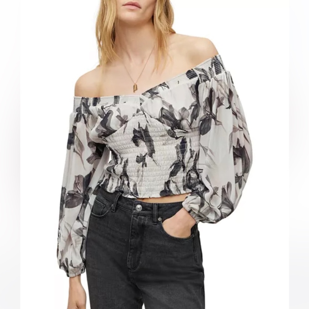All Saints White Floral Off-Shoulder Smocked Blouse
